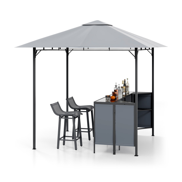 3-Piece Patio Bar Set 8 x 8 FT Double-Tier Grill Gazebo with 2 Bar Stools