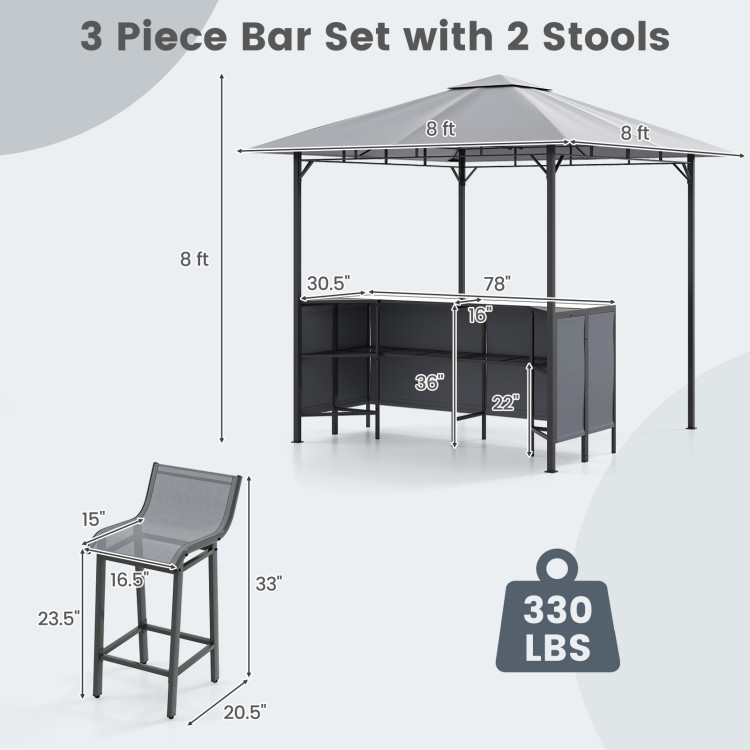 3-Piece Patio Bar Set 8 x 8 FT Double-Tier Grill Gazebo with 2 Bar Stools - Image 4