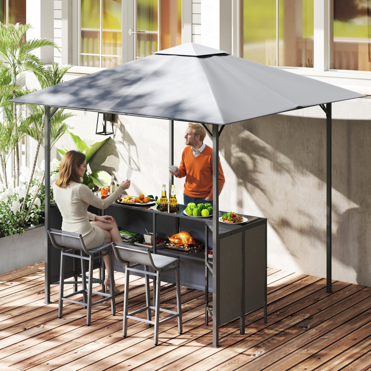 3-Piece Patio Bar Set 8 x 8 FT Double-Tier Grill Gazebo with 2 Bar Stools - Image 5