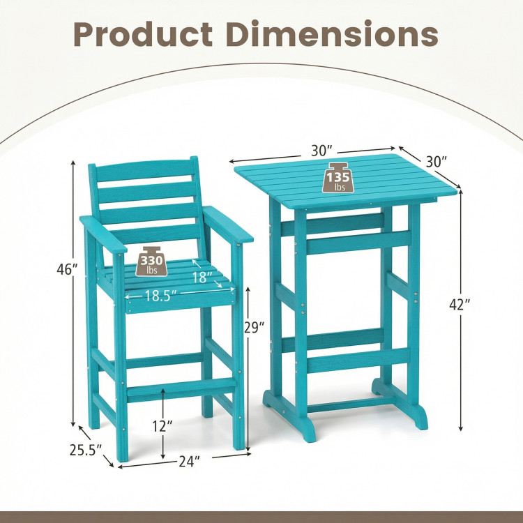 3-Piece Patio HDPE Bar Set with Square High-Top Table for Backyard and Poolside - Image 5