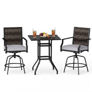 3 Pieces Outdoor Swivel Bar Set High Top Patio Bar Table and Rattan Wicker Chairs