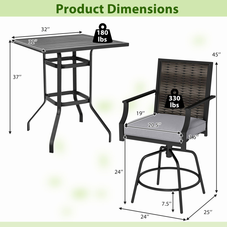 3 Pieces Outdoor Swivel Bar Set High Top Patio Bar Table and Rattan Wicker Chairs - Image 5