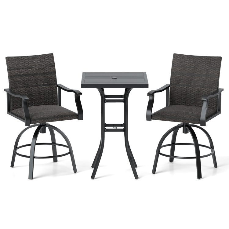 3 Pieces PE Wicker Patio Swivel Bar Set with Quick-Drying Foam
