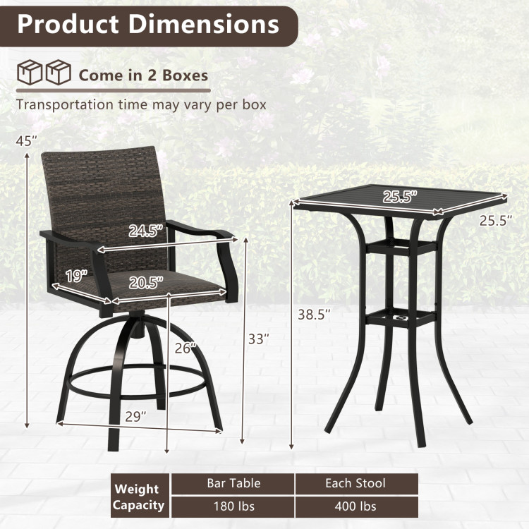 3 Pieces PE Wicker Patio Swivel Bar Set with Quick-Drying Foam - Image 4