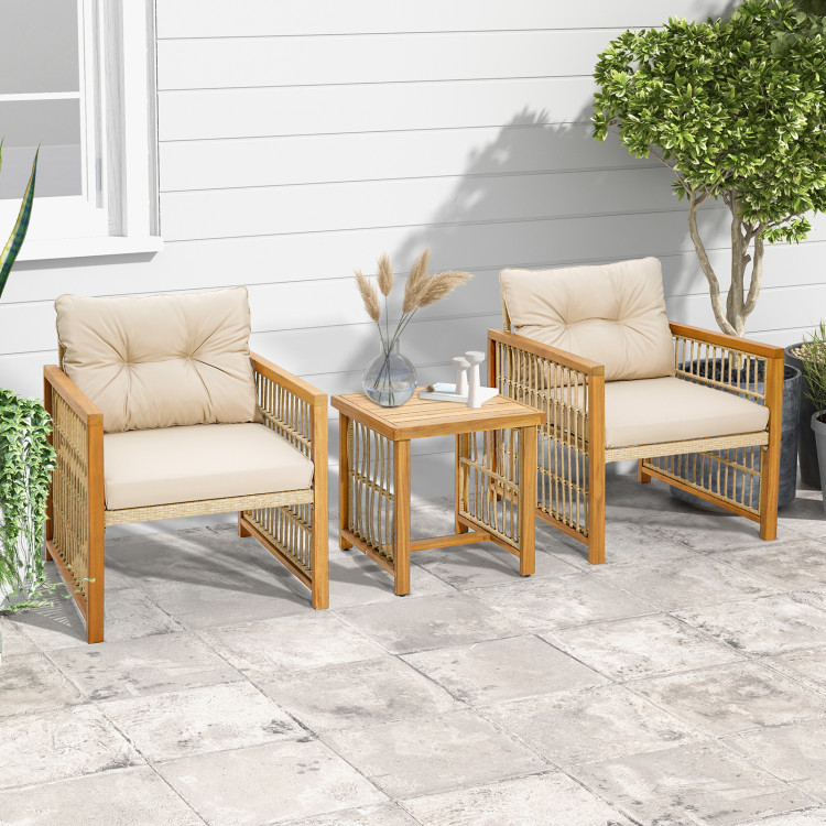 3 Pieces Patio PE Wicker Conversation Set with Acacia Wood Frame and Cushions - Image 2