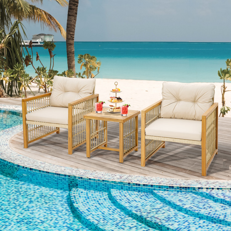 3 Pieces Patio PE Wicker Conversation Set with Acacia Wood Frame and Cushions - Image 3