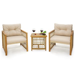 3 Pieces Patio PE Wicker Conversation Set with Acacia Wood Frame and Cushions