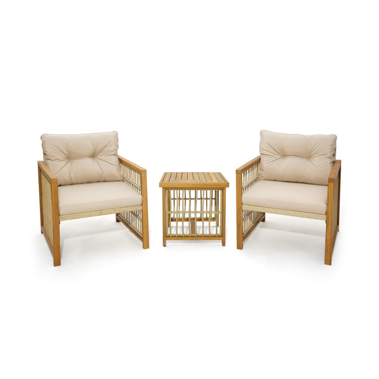 3 Pieces Patio PE Wicker Conversation Set with Acacia Wood Frame and Cushions - Image 4