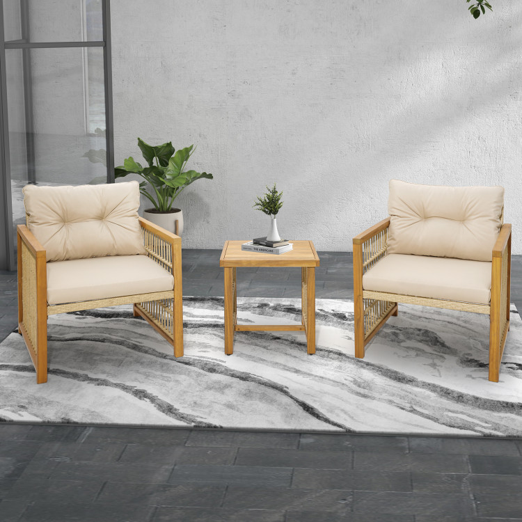 3 Pieces Patio PE Wicker Conversation Set with Acacia Wood Frame and Cushions - Image 6