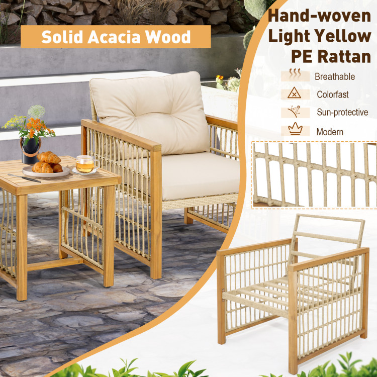 3 Pieces Patio PE Wicker Conversation Set with Acacia Wood Frame and Cushions - Image 7