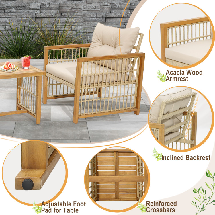 3 Pieces Patio PE Wicker Conversation Set with Acacia Wood Frame and Cushions - Image 9