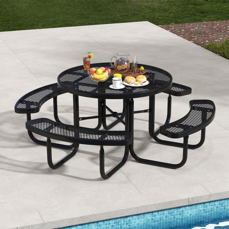 45 Inches Outdoor Round Picnic Table and Bench Set for 8 with Umbrella Hole - Image 3
