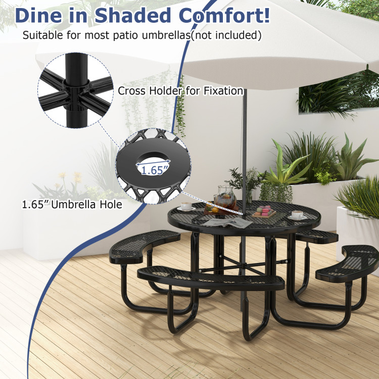 45 Inches Outdoor Round Picnic Table and Bench Set for 8 with Umbrella Hole - Image 8