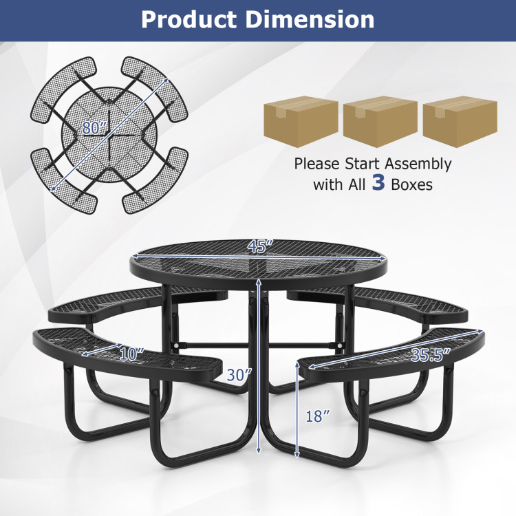 45 Inches Outdoor Round Picnic Table and Bench Set for 8 with Umbrella Hole - Image 5