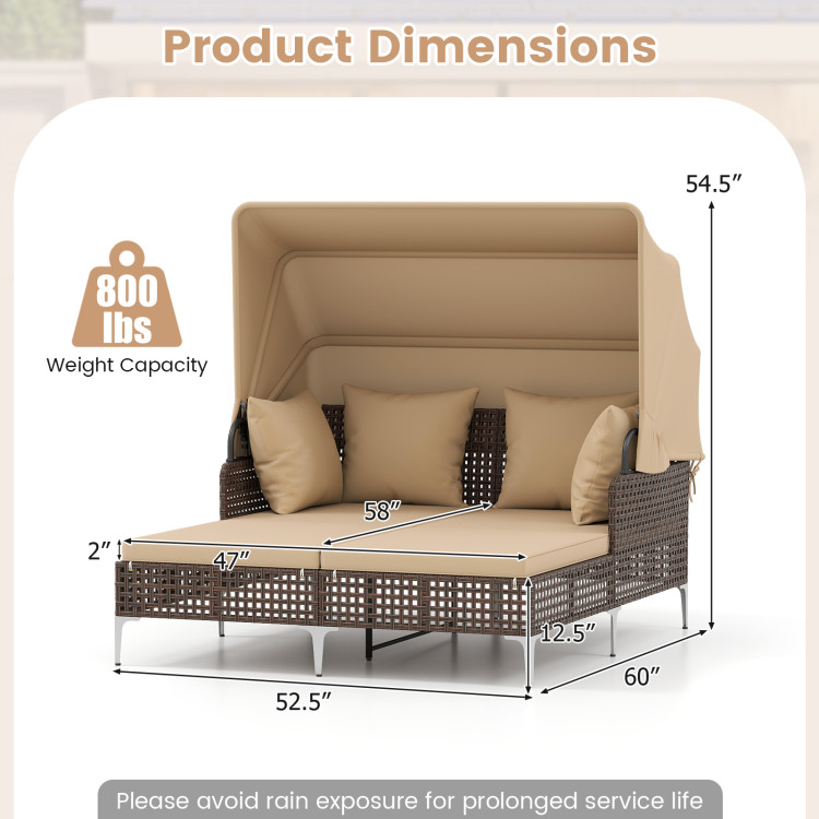 Outdoor Daybed with Retractable Canopy PE Wicker Rattan Patio Lounger - Image 4