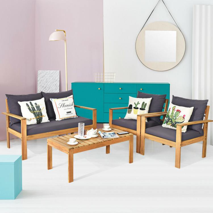 Outdoor 4 Pieces Acacia Wood Chat Set with Water Resistant Cushions - Image 8
