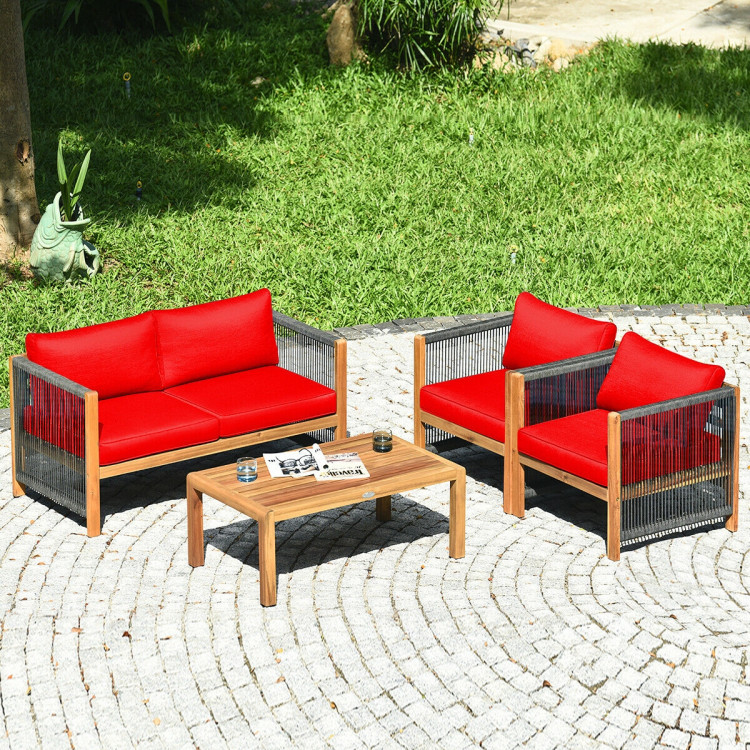 4 Pieces Acacia Wood Sofa Set with Cushions for Outdoor Patio - Image 6