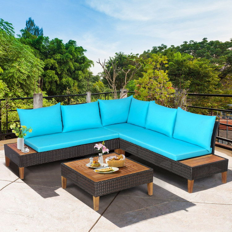 4 Pieces Patio Cushioned Rattan Furniture Set with Wooden Side Table - Image 6