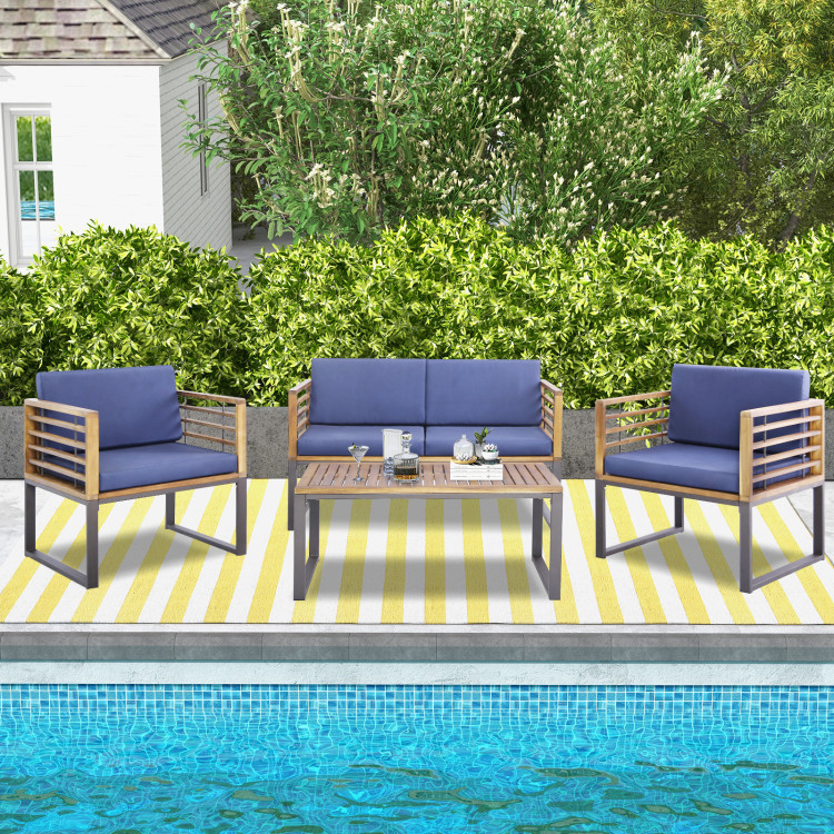 4 Piece Patio Acacia Wood Conversation Set with Soft Seat - Image 2