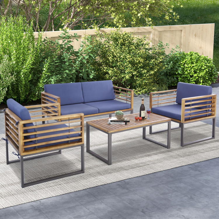 4 Piece Patio Acacia Wood Conversation Set with Soft Seat - Image 3
