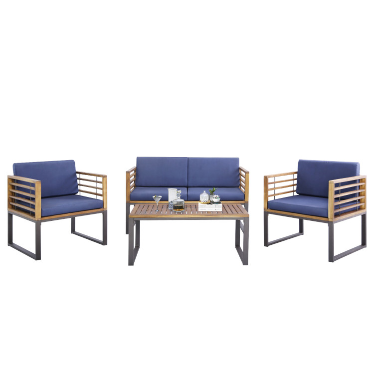 4 Piece Patio Acacia Wood Conversation Set with Soft Seat - Image 4