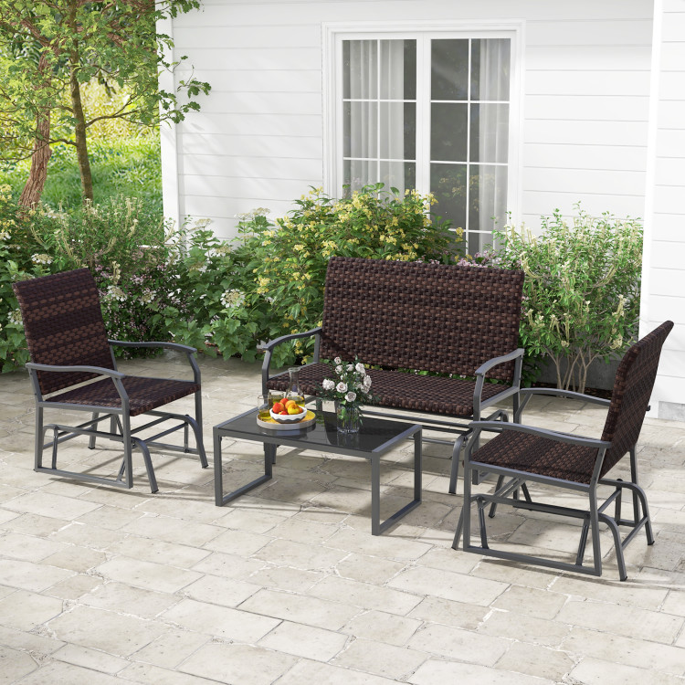 4 Piece Patio Gliding Set Wicker Swing Glider Furniture Set All Weather with Tempered Glass Coffee Table - Image 2