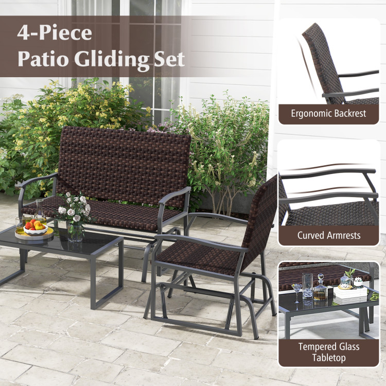 4 Piece Patio Gliding Set Wicker Swing Glider Furniture Set All Weather with Tempered Glass Coffee Table - Image 10
