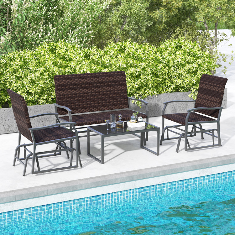 4 Piece Patio Gliding Set Wicker Swing Glider Furniture Set All Weather with Tempered Glass Coffee Table - Image 3
