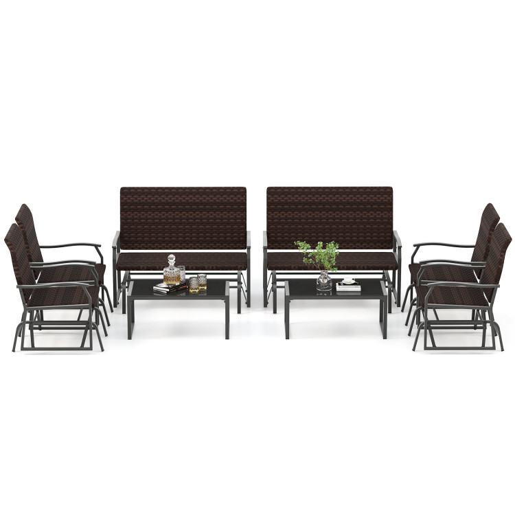 4 Piece Patio Gliding Set Wicker Swing Glider Furniture Set All Weather with Tempered Glass Coffee Table - Image 4