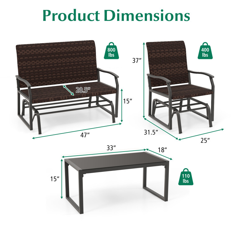 4 Piece Patio Gliding Set Wicker Swing Glider Furniture Set All Weather with Tempered Glass Coffee Table - Image 5
