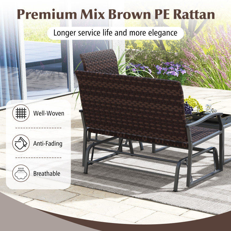 4 Piece Patio Gliding Set Wicker Swing Glider Furniture Set All Weather with Tempered Glass Coffee Table - Image 6