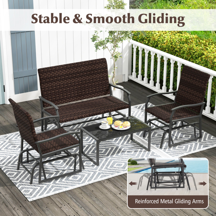 4 Piece Patio Gliding Set Wicker Swing Glider Furniture Set All Weather with Tempered Glass Coffee Table - Image 8