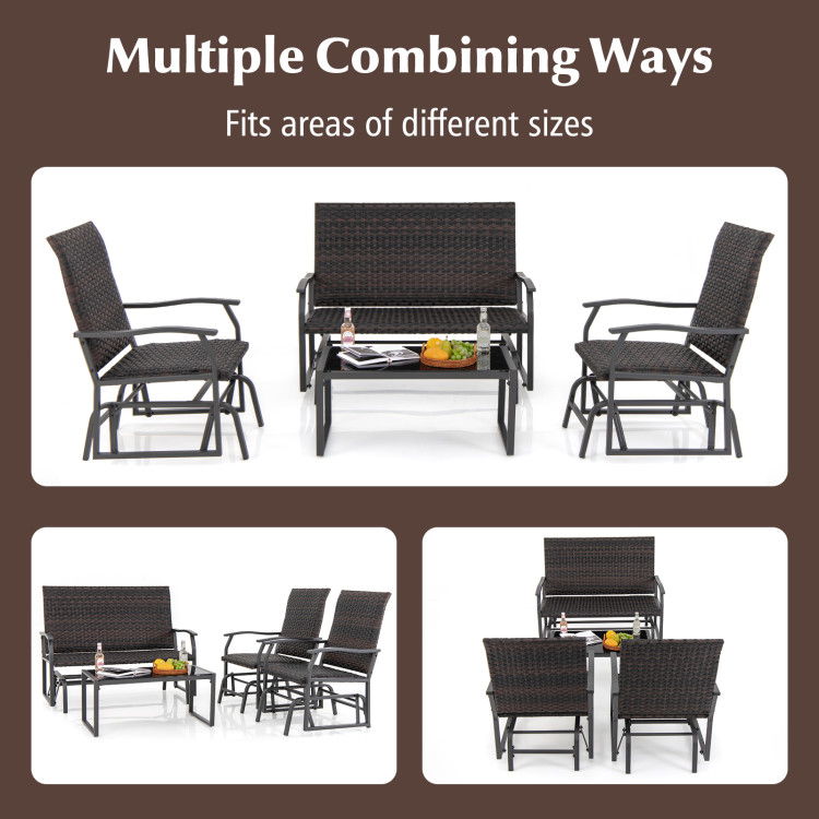 4 Piece Patio Gliding Set Wicker Swing Glider Furniture Set All Weather with Tempered Glass Coffee Table - Image 9