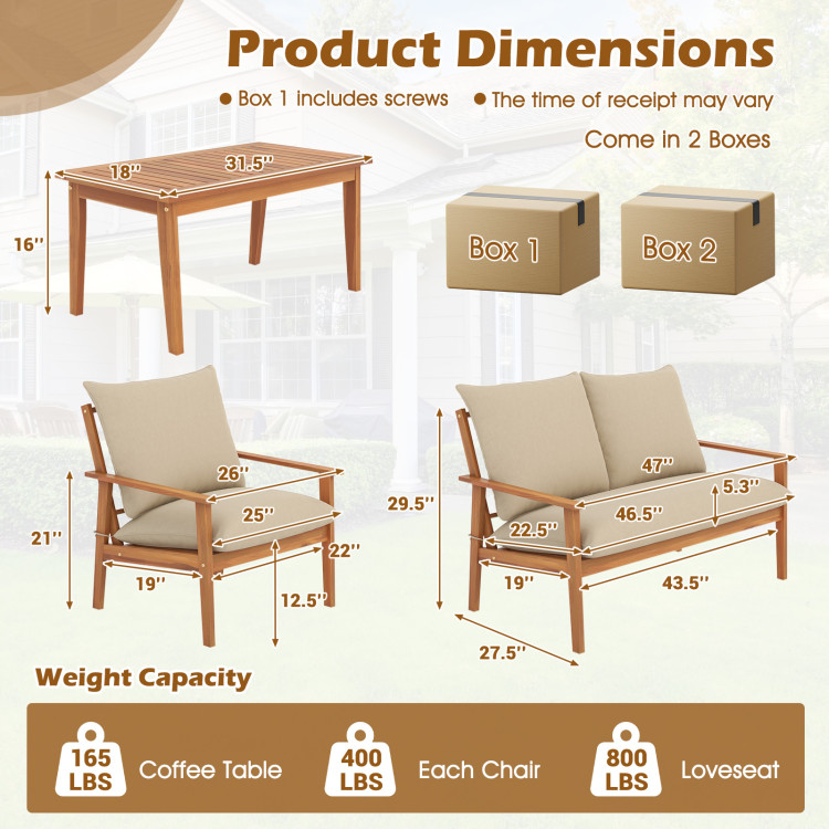 4 Pieces Outdoor Acacia Wood Conversation Set with Soft Cushions and Coffee Table - Image 5