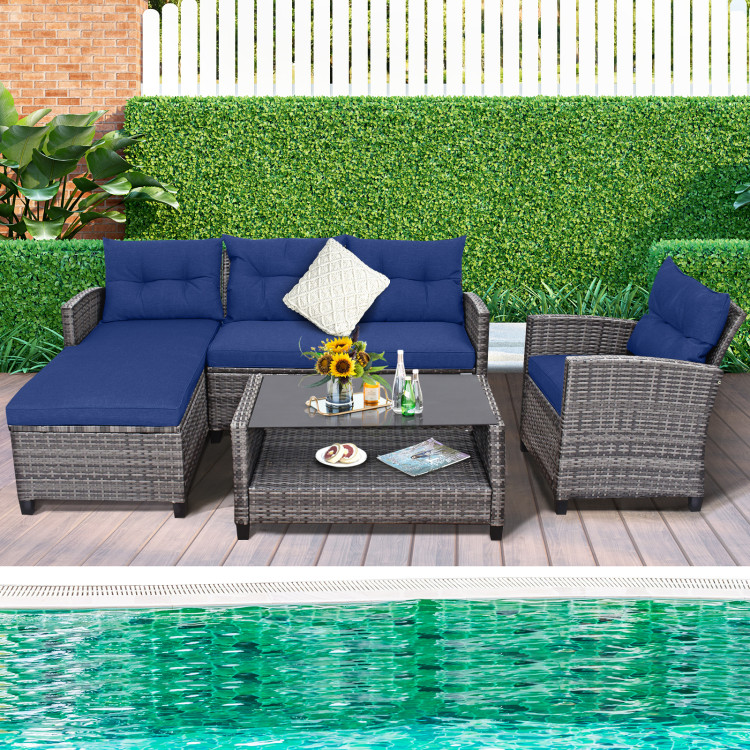 4 Pieces Patio Rattan Sofa Furniture Set with Cushion and 2-Tier Coffee Table - Image 2