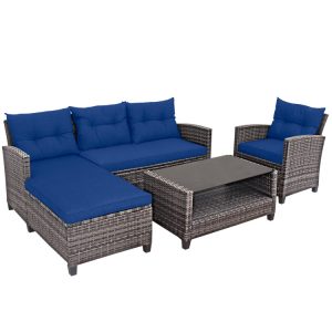 4 Pieces Patio Rattan Sofa Furniture Set with Cushion and 2-Tier Coffee Table