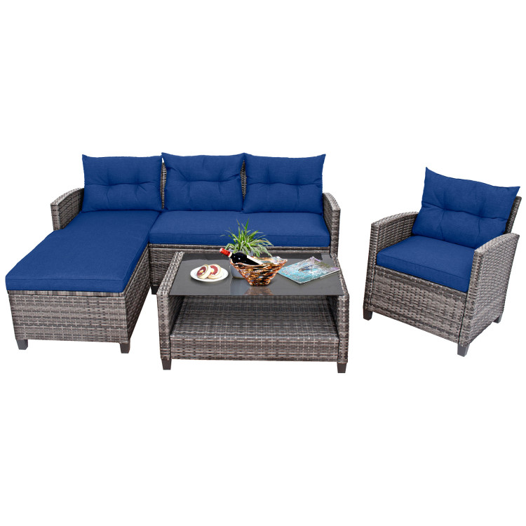4 Pieces Patio Rattan Sofa Furniture Set with Cushion and 2-Tier Coffee Table - Image 4
