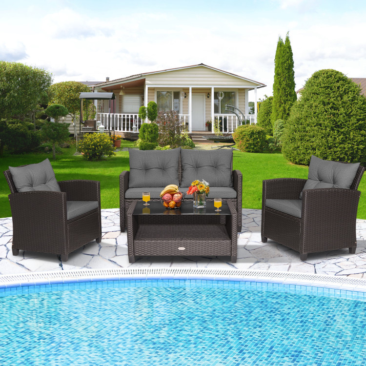 4 Pieces Patio Rattan Conversation Furniture Set with Glass Top Coffee Table - Image 2