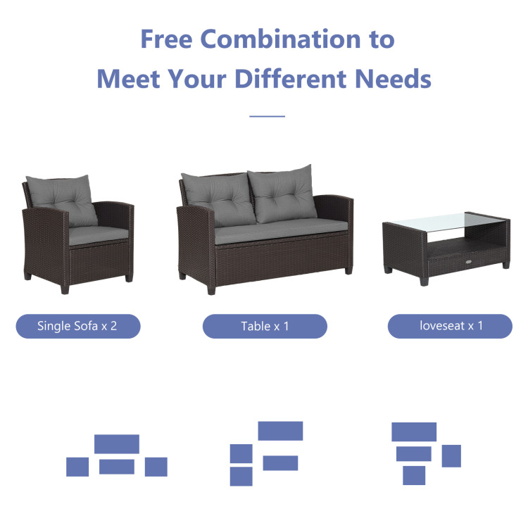 4 Pieces Patio Rattan Conversation Furniture Set with Glass Top Coffee Table - Image 10