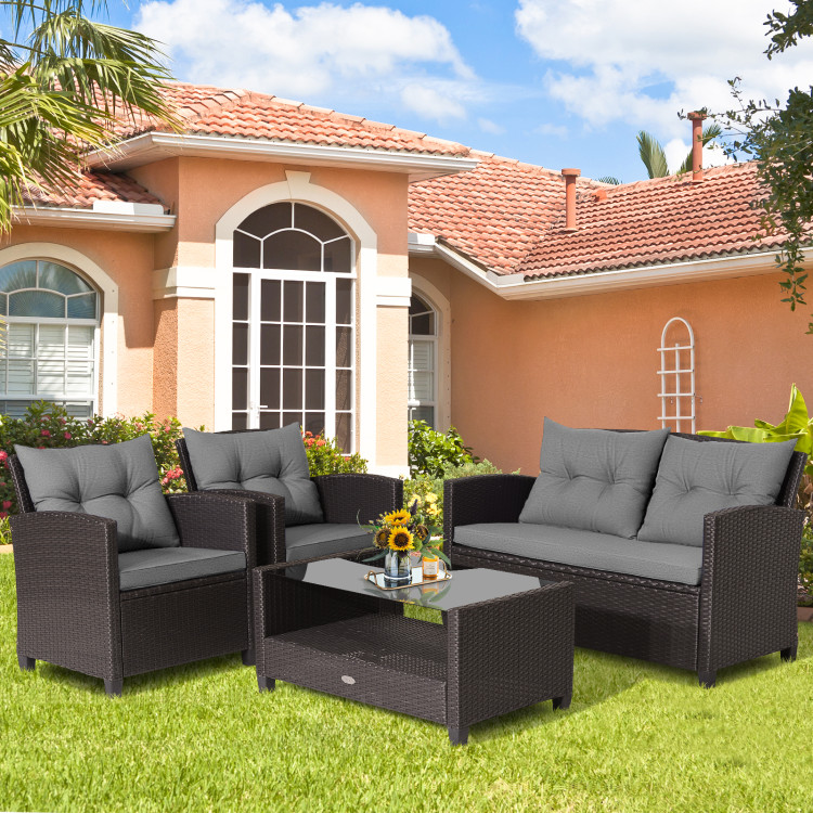 4 Pieces Patio Rattan Conversation Furniture Set with Glass Top Coffee Table - Image 3