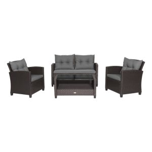 4 Pieces Patio Rattan Conversation Furniture Set with Glass Top Coffee Table