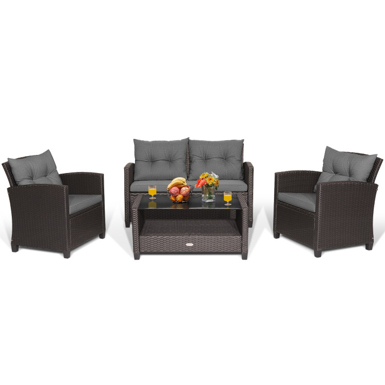 4 Pieces Patio Rattan Conversation Furniture Set with Glass Top Coffee Table - Image 4