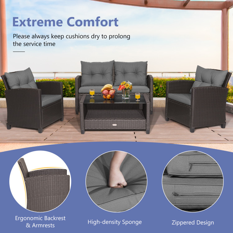 4 Pieces Patio Rattan Conversation Furniture Set with Glass Top Coffee Table - Image 6