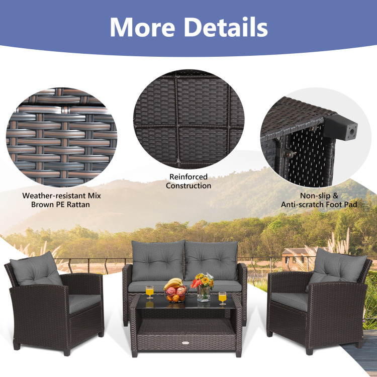 4 Pieces Patio Rattan Conversation Furniture Set with Glass Top Coffee Table - Image 7