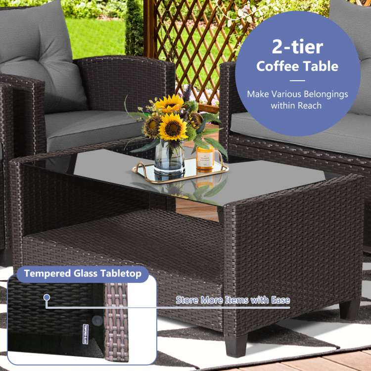 4 Pieces Patio Rattan Conversation Furniture Set with Glass Top Coffee Table - Image 8