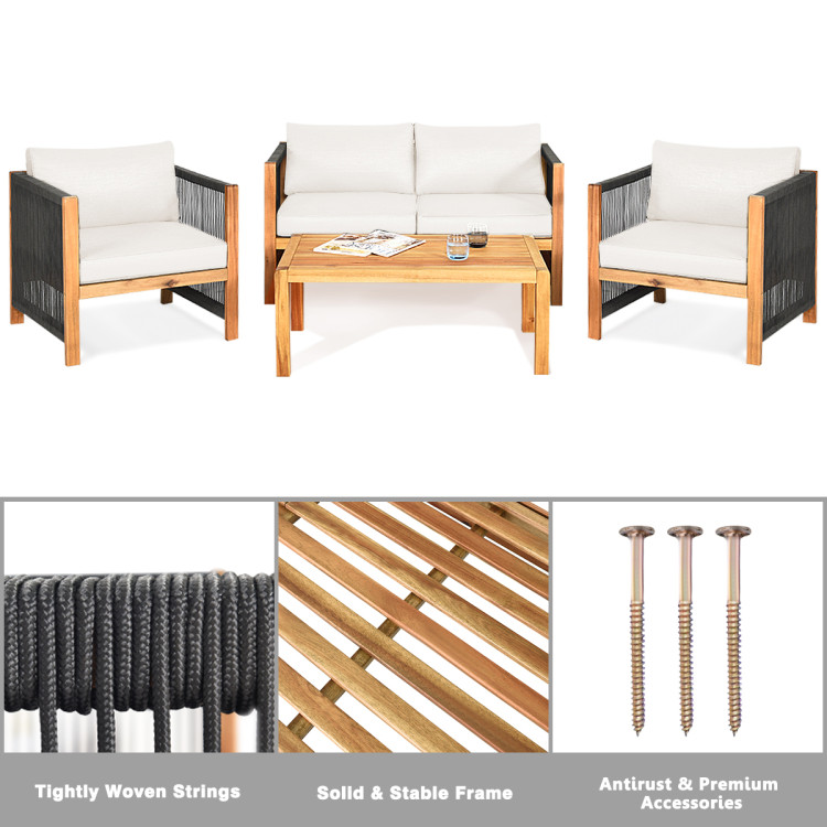4 Pieces Wood Outdoor Patio Furniture Set with Cushions for Garden - Image 9