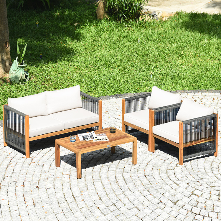 4 Pieces Wood Outdoor Patio Furniture Set with Cushions for Garden - Image 3