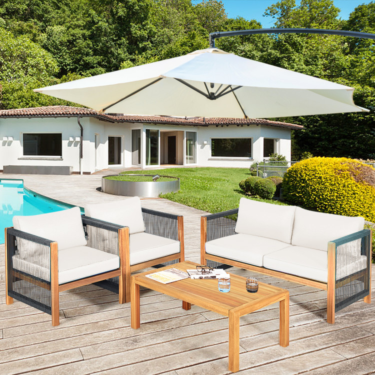 4 Pieces Wood Outdoor Patio Furniture Set with Cushions for Garden - Image 6