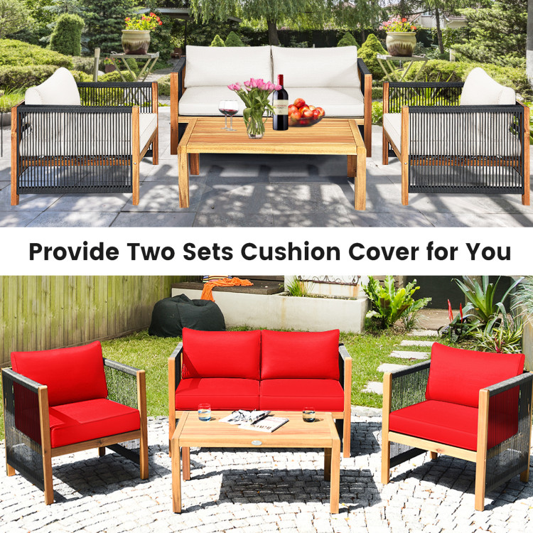 4 Pieces Wood Outdoor Patio Furniture Set with Cushions for Garden - Image 7