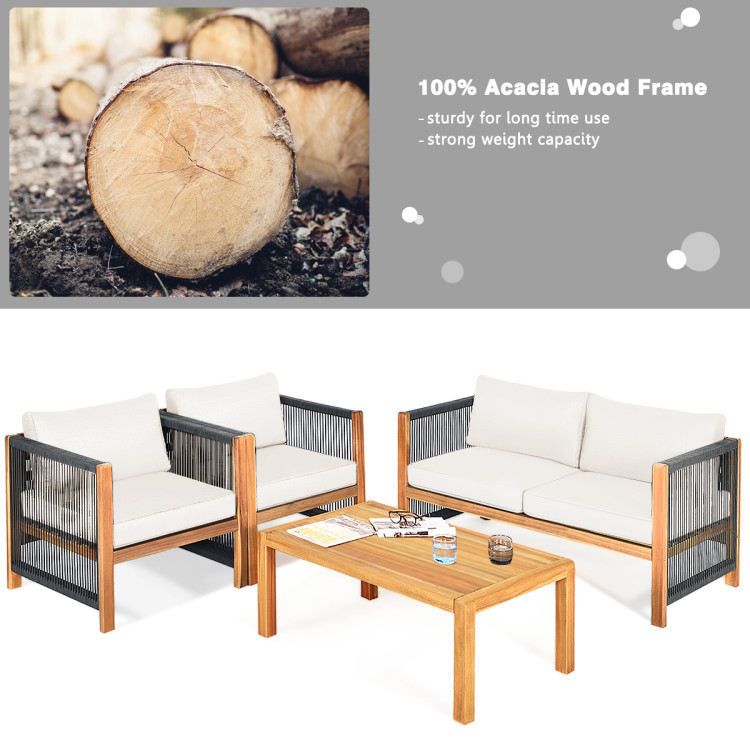 4 Pieces Wood Outdoor Patio Furniture Set with Cushions for Garden - Image 8